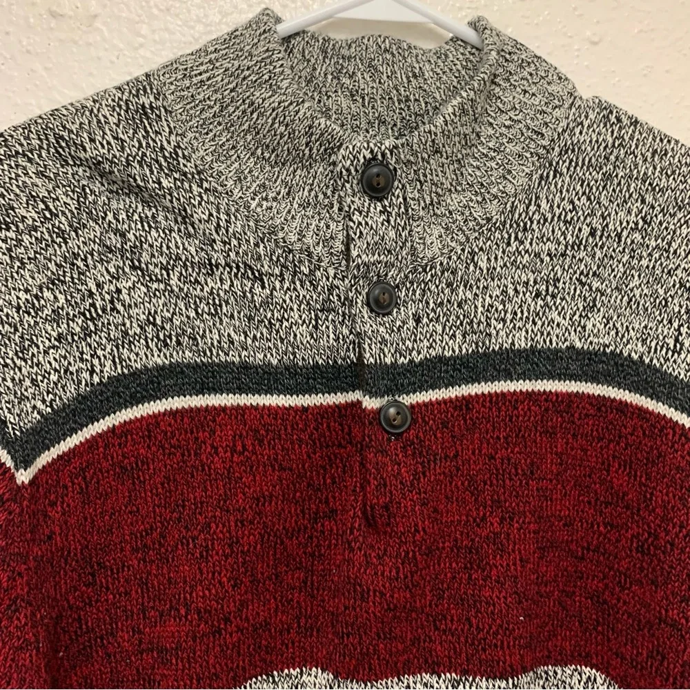 Chaps Ralph Lauren Sweater Mens XL Gray Red Striped Knit Henley Button Collar - Picture 2 of 10